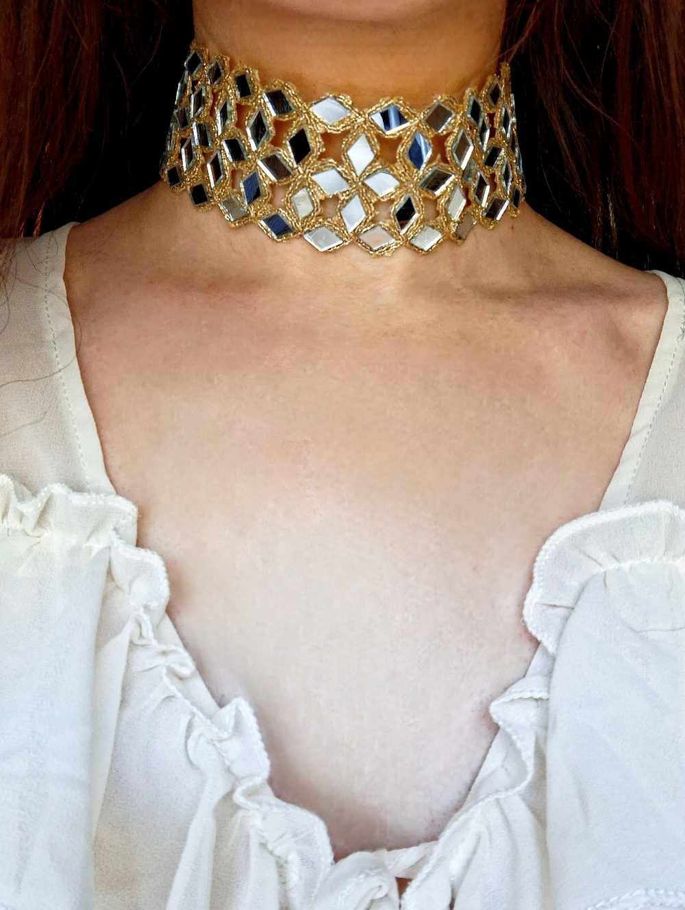 Handmade Gold Silver Mirror Tile Choker Necklace - Women's Fashion Jewelry